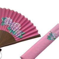 Eventail en soie, rose avec insertion d'hortensia, unique en son genre, n° 1 avec pompon, dans une boîte en paulownia.