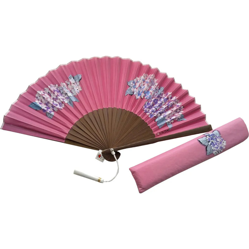絹扇子　ピンク色　紫陽花の挿絵入り　一点物　No.3　房付き　桐箱入り