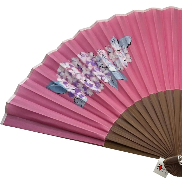 Silk fan, pink with hydrangea illustration, one of a kind, No.3, with tassel, in paulownia box