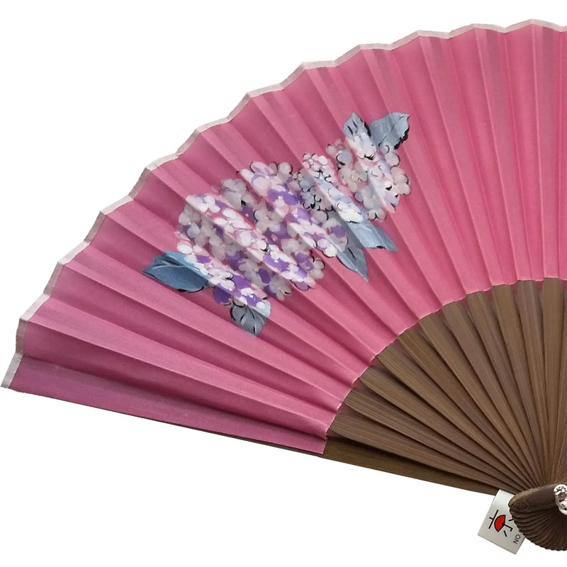 絹扇子　ピンク色　紫陽花の挿絵入り　一点物　No.3　房付き　桐箱入り