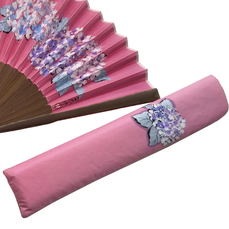 Silk fan, pink with hydrangea illustration, one of a kind, No.3, with tassel, in paulownia box