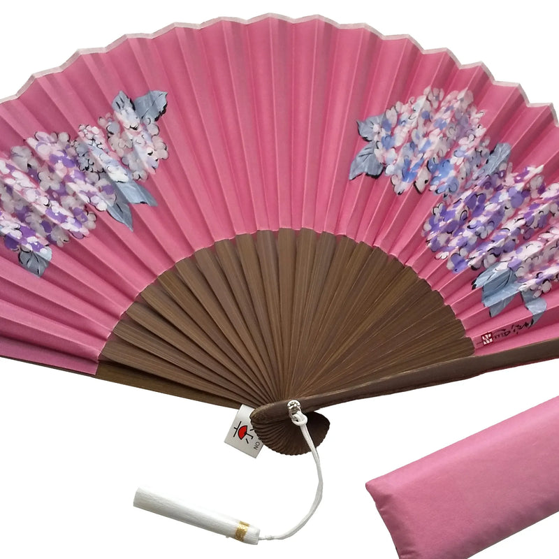 絹扇子　ピンク色　紫陽花の挿絵入り　一点物　No.3　房付き　桐箱入り