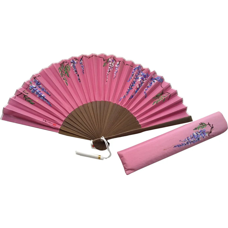 Silk fan, pink with wisteria insert, one of a kind, with tassel, in paulownia box