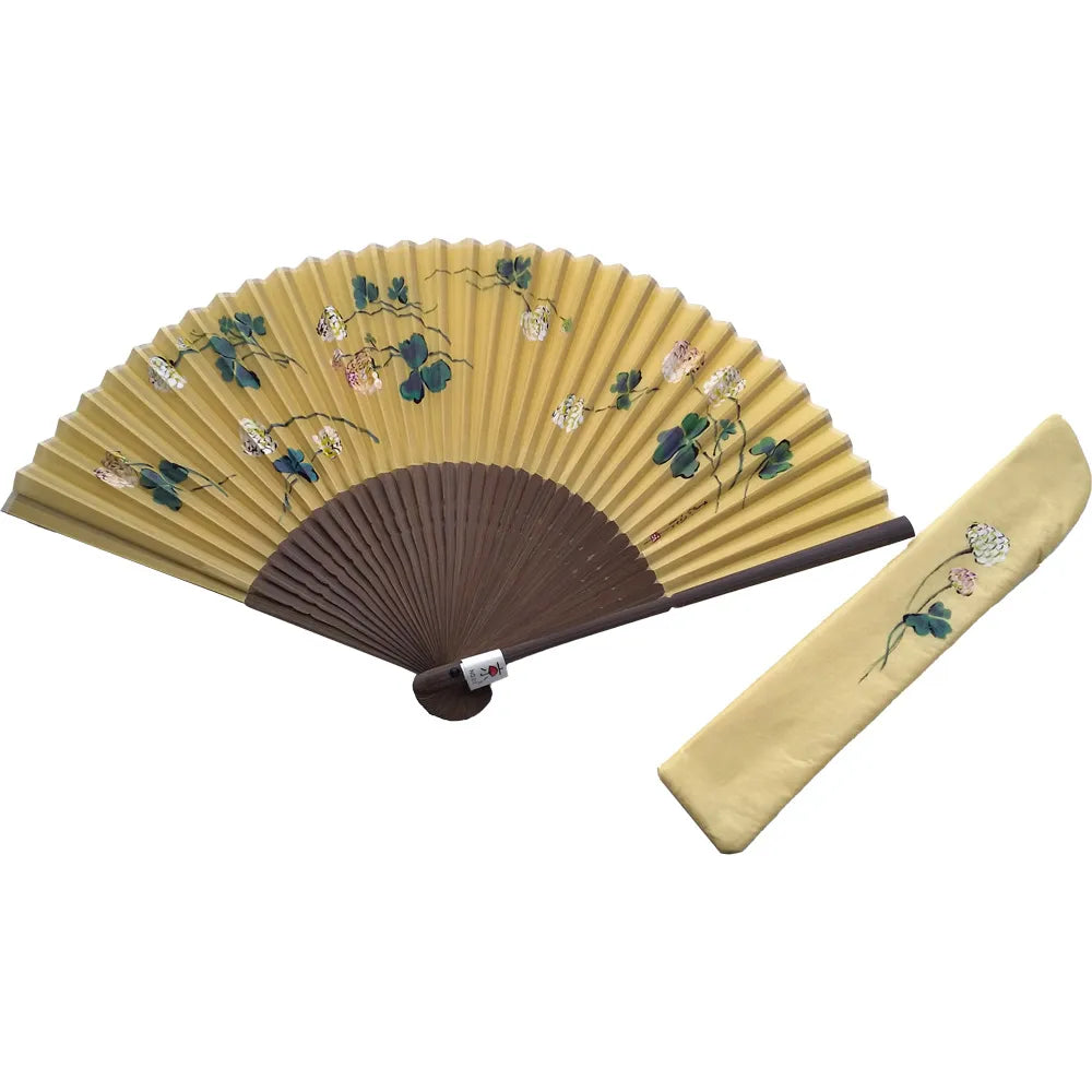 Silk fan, yellow narcissus with white clover illustration, one of a kind, in paulownia box