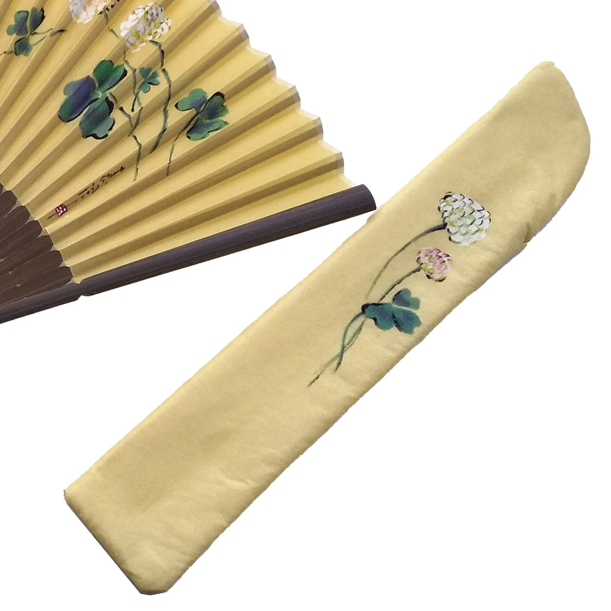 Silk fan, yellow narcissus with white clover illustration, one of a kind, in paulownia box