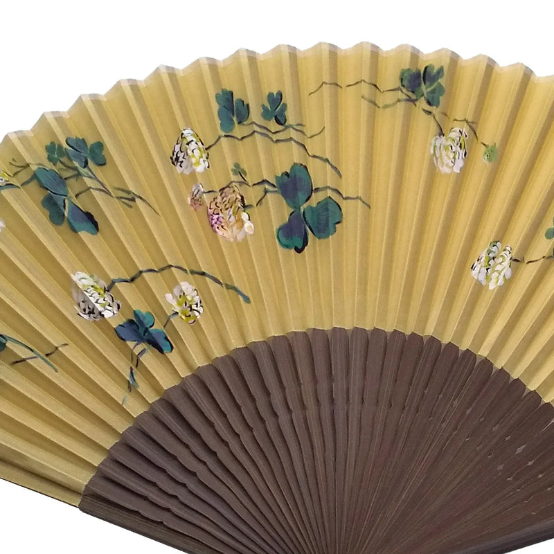 Silk fan, yellow narcissus with white clover illustration, one of a kind, in paulownia box