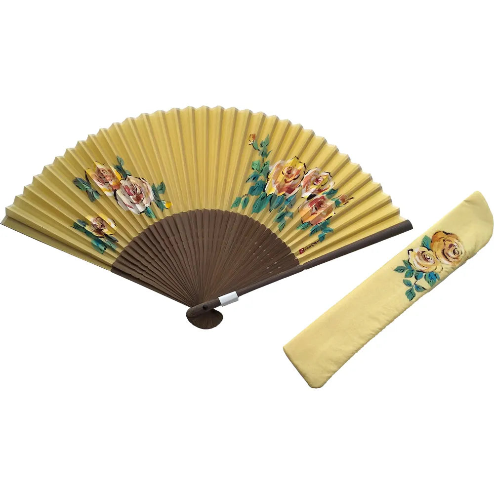 Silk fan, yellow narcissus, with rose illustration, one of a kind, in paulownia box