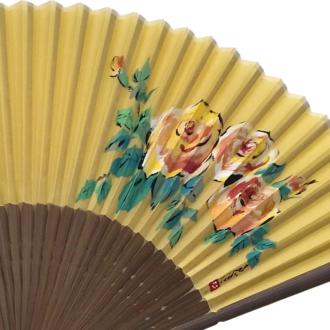 Silk fan, yellow narcissus, with rose illustration, one of a kind, in paulownia box