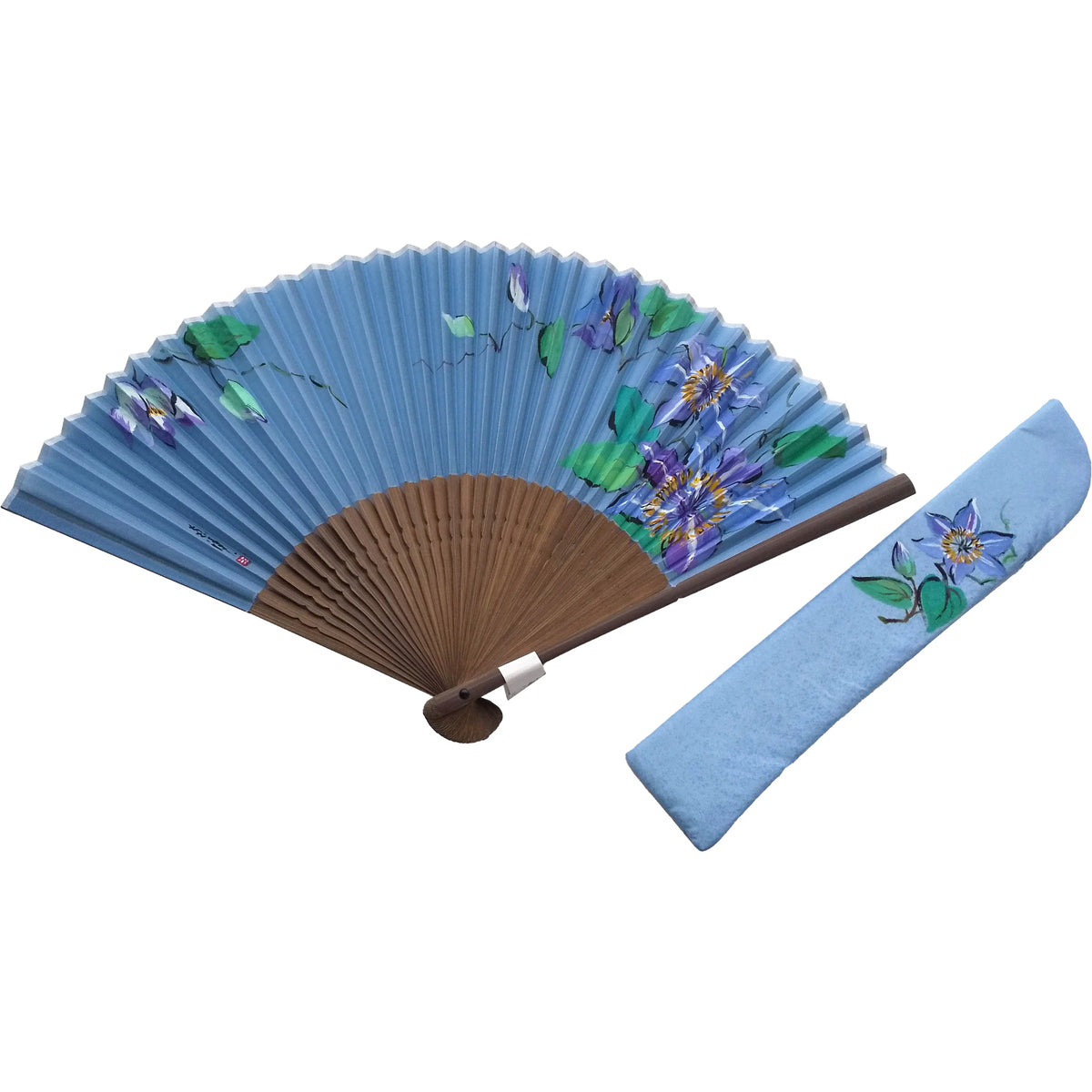 Silk fan, dewdrop grass color, with iron wire (clematis) illustration, one of a kind, in paulownia box