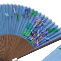 Silk fan, dewdrop grass color, with iron wire (clematis) illustration, one of a kind, in paulownia box