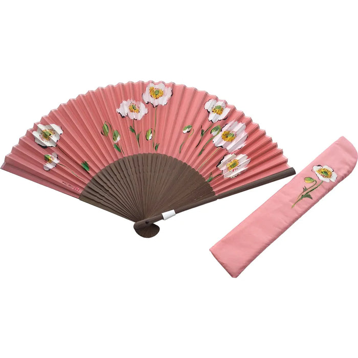 Silk fan, coral color with white poppy illustration, one of a kind, in paulownia box