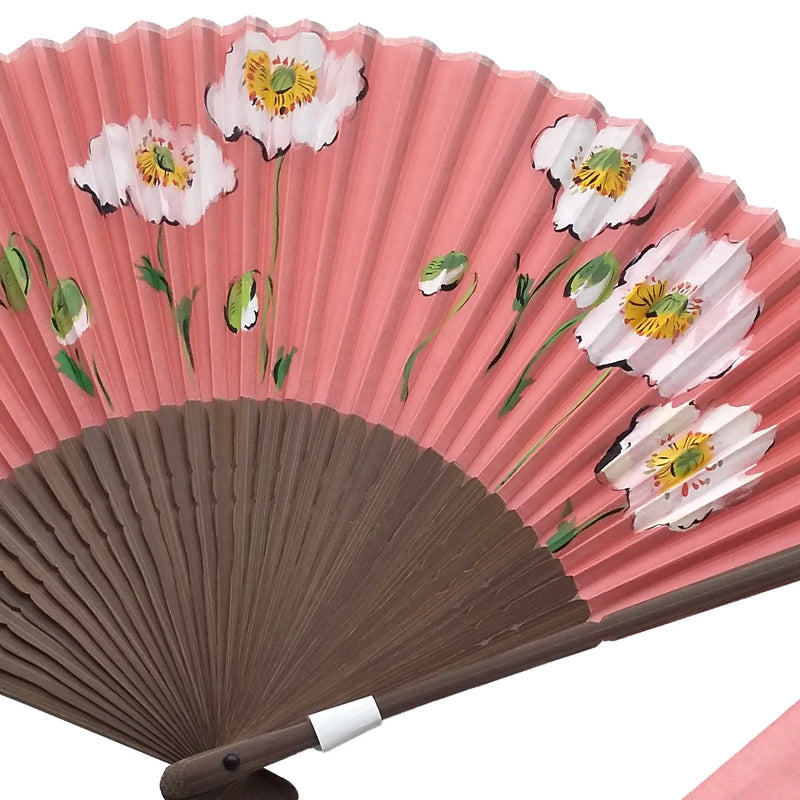 Silk fan, coral color with white poppy illustration, one of a kind, in paulownia box