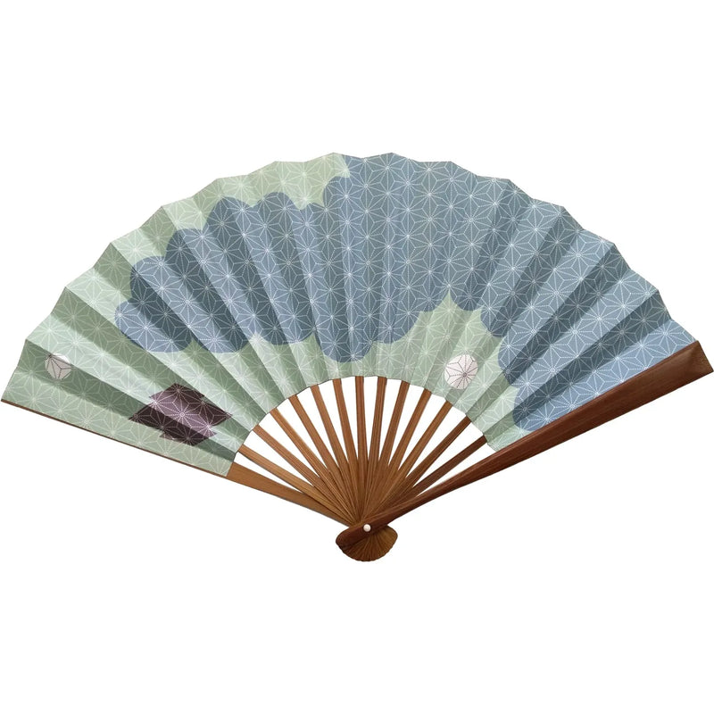 Edo fan No.31 Linen leaf, cloud, light mint color