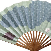 Edo fan No.31 Linen leaf, cloud, light mint color