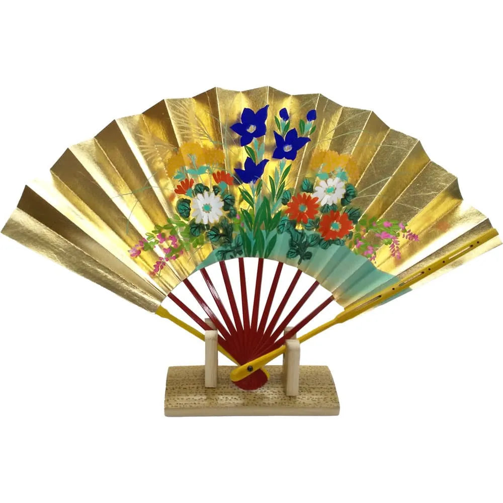 Autumn decorative fan, autumn flowers, with fan stand and box