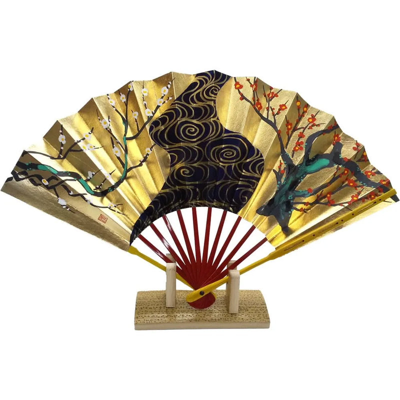 Eventail décoratif des quatre saisons, set de quatre, avec support d'éventail et boîte en paulownia, printemps, été, automne et hiver.