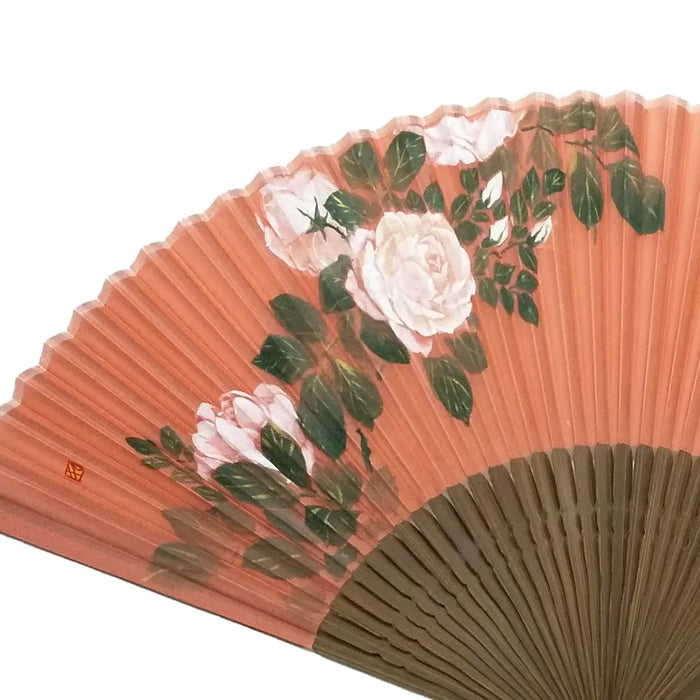 White rose illustration on silk fan, hand-painted + silk fan