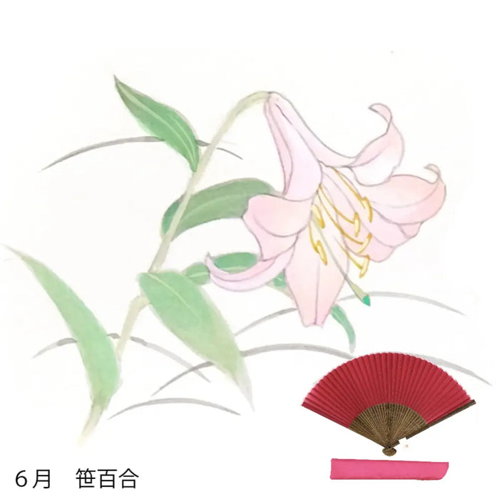 Silk fan, flower pattern for June, hand-painted + silk fan