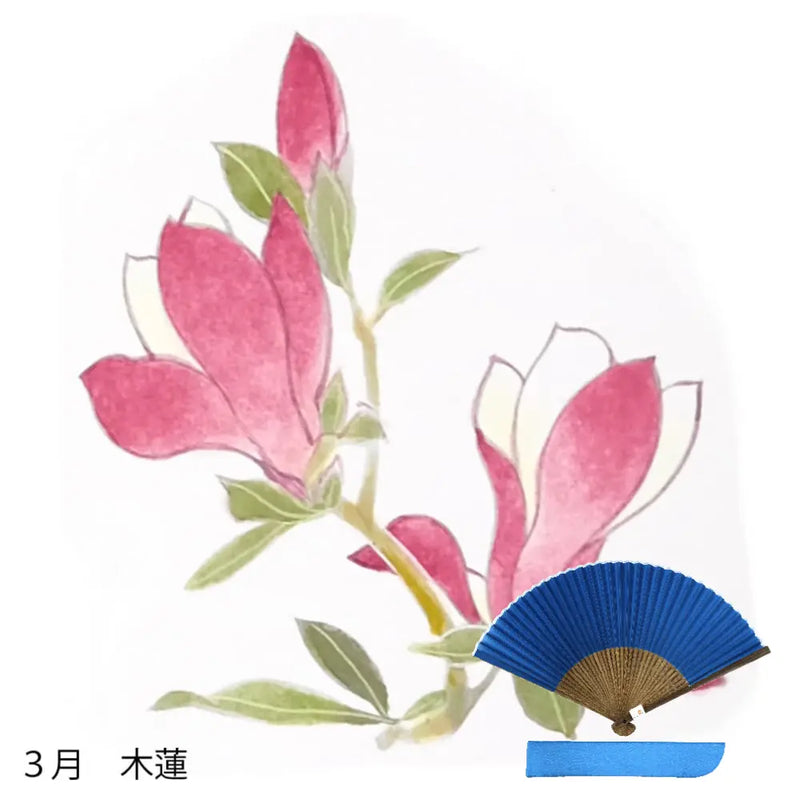 Silk fan with March flower pattern, hand-painted + silk fan