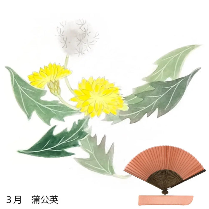 Silk fan with March flower pattern, hand-painted + silk fan