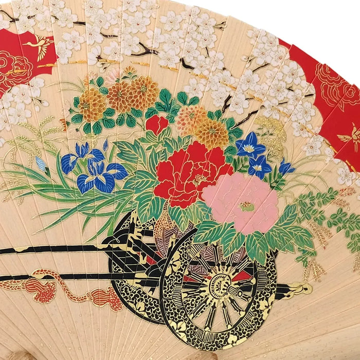 Eventail en hinoki "Hanaguruma", école de Kano, avec support en bois et boîte en paulownia.