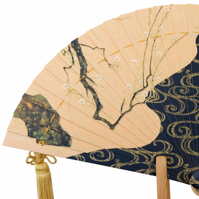 Hinoki Fan "Red and White Plum Blossoms", Korin Ogata, Wooden stand, in paulownia box