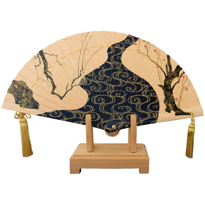 Hinoki Fan "Red and White Plum Blossoms", Korin Ogata, Wooden stand, in paulownia box