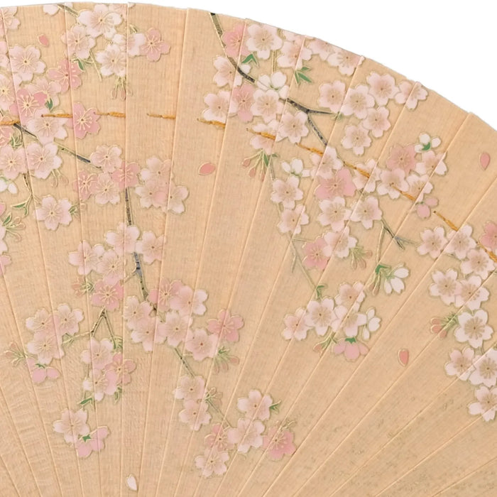 Japanese Cypress Fan "Weeping Cherry Blossom", wooden stand, in paulownia box