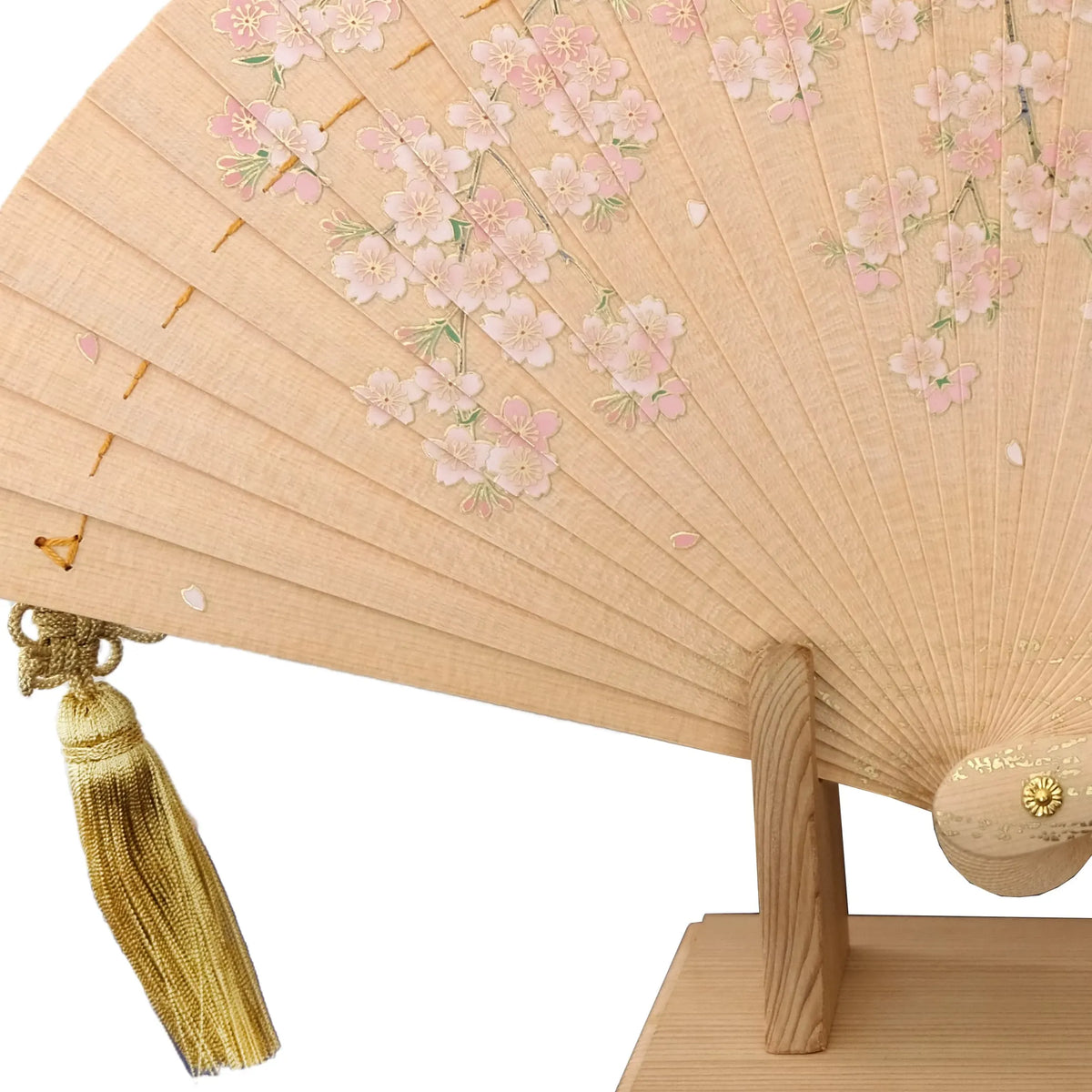 Japanese Cypress Fan "Weeping Cherry Blossom", wooden stand, in paulownia box