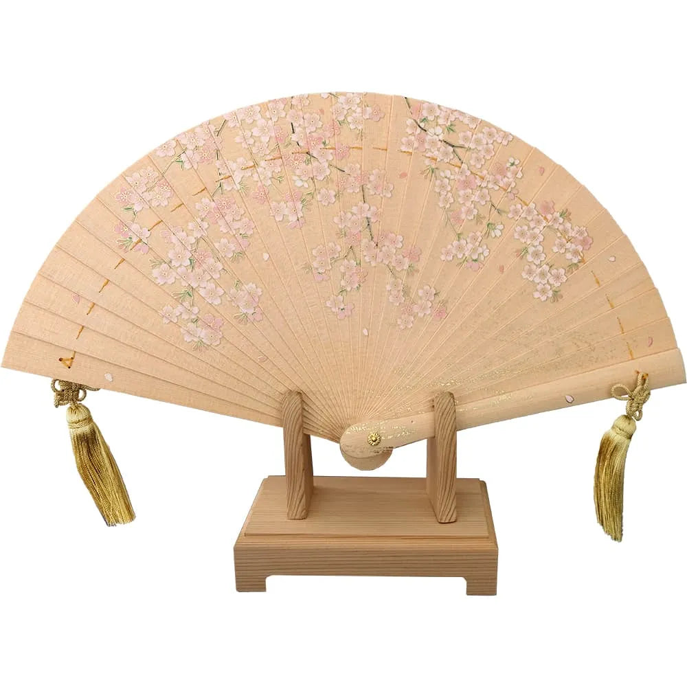 Japanese Cypress Fan "Weeping Cherry Blossom", wooden stand, in paulownia box