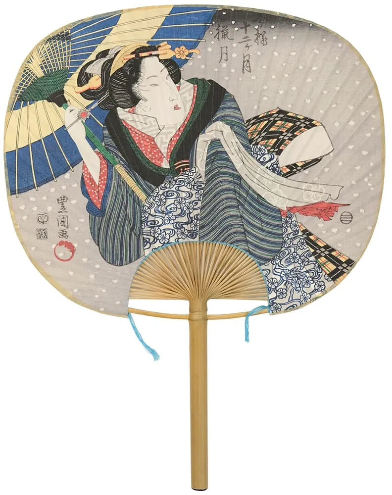 Eventail Edo, 12 mois dans le style actuel, Toyokuni, Rozuki (12e mois du calendrier lunaire).