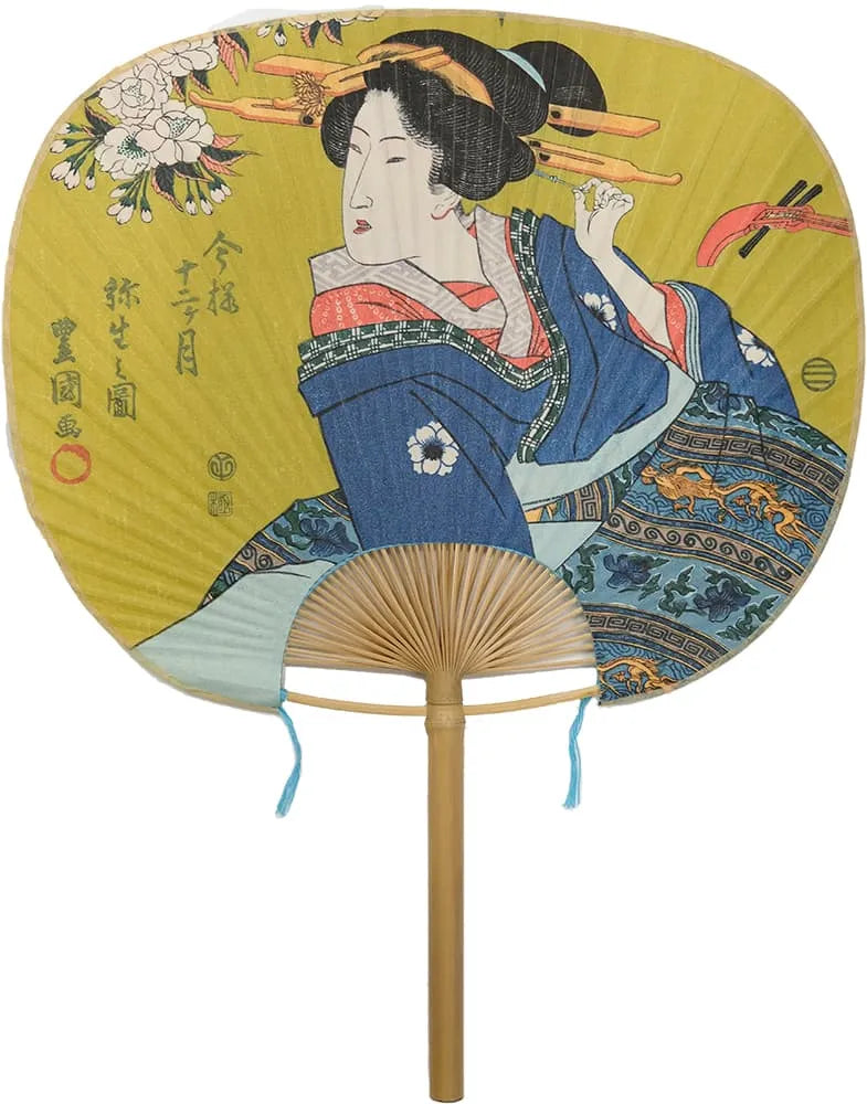 Eventail Edo, 12 mois dans le style actuel, Toyokuni, Yayoi (mars dans le calendrier lunaire).