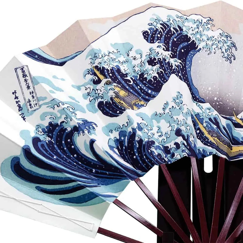 Ukiyo-e Woodblock print fan, Fugaku Sanjurokkei Hokusai, Kanagawa-oki Namiura, with box and fan stand