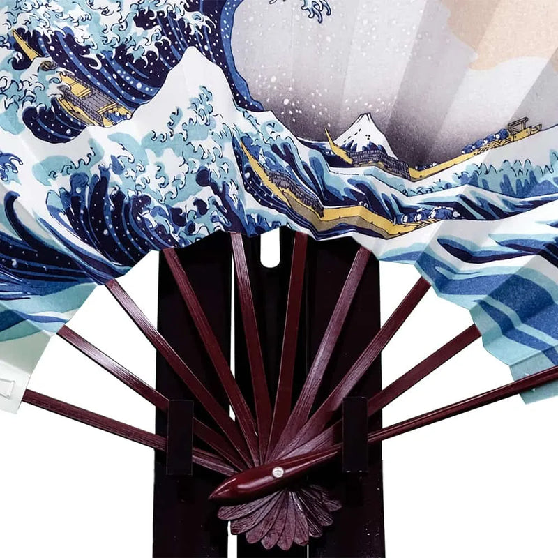 Ukiyo-e Woodblock print fan, Fugaku Sanjurokkei Hokusai, Kanagawa-oki Namiura, with box and fan stand