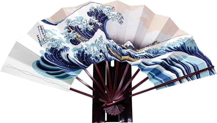 Ukiyo-e Woodblock print fan, Fugaku Sanjurokkei Hokusai, Kanagawa-oki Namiura, with box and fan stand