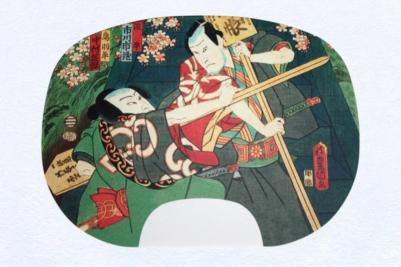 Ibasen-Version eines Fächerbildes Nr. 18 Toyokuni, gravierte Glyzinie.