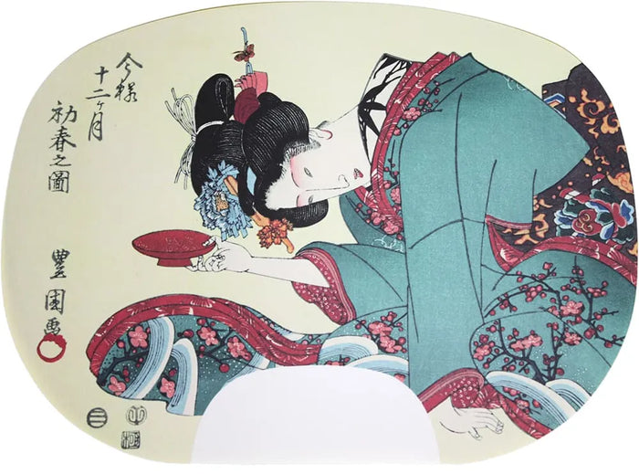 Peintures d'éventail imprimées en ibasen par Utagawa Toyokuni I. Douze mois dans le style moderne n° 1, début du printemps (janvier dans le calendrier lunaire).