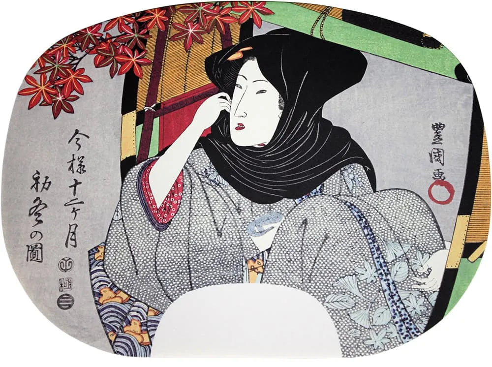 Peintures d'éventail imprimées en ibasen par Utagawa Toyokuni I. Douze mois en style moderne n° 10 Début de l'hiver (le dixième mois du calendrier lunaire).