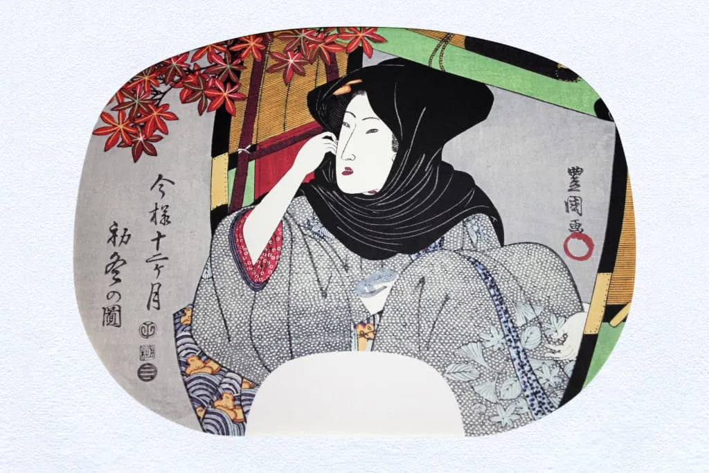Peintures d'éventail imprimées en ibasen par Utagawa Toyokuni I. Douze mois en style moderne n° 10 Début de l'hiver (le dixième mois du calendrier lunaire).