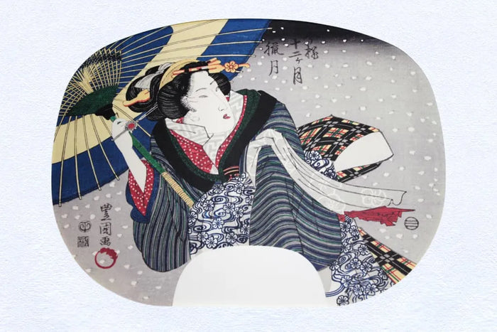 Auf Ibasen gedruckte Fächermalereien von Utagawa Toyokuni I. Zwölf Monate im modernen Stil Nr.12 Rôzuki (12. Monat des Mondkalenders).