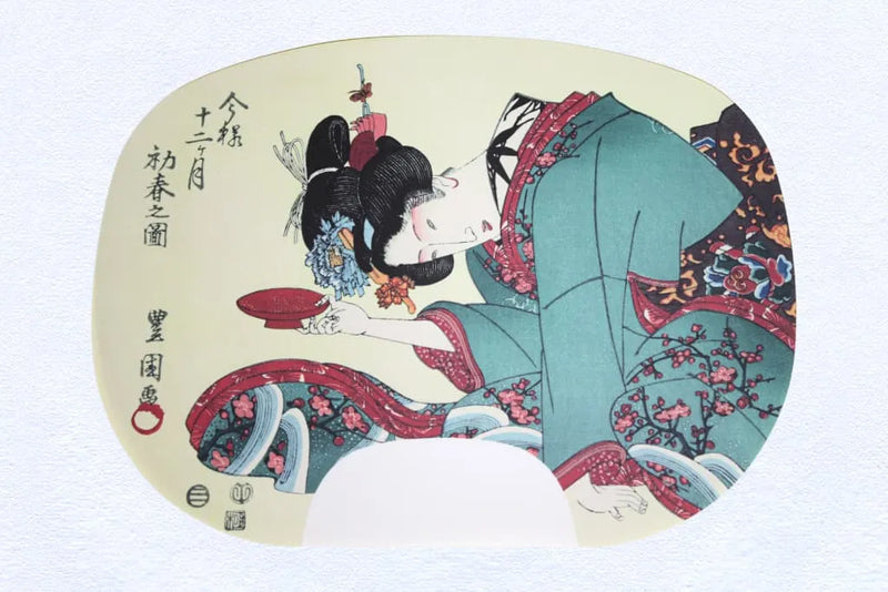Fächerbilder im Ibasen-Druck von Utagawa Toyokuni I. Zwölf Monate im modernen Stil Nr. 1, Vorfrühling (Januar im Mondkalender).