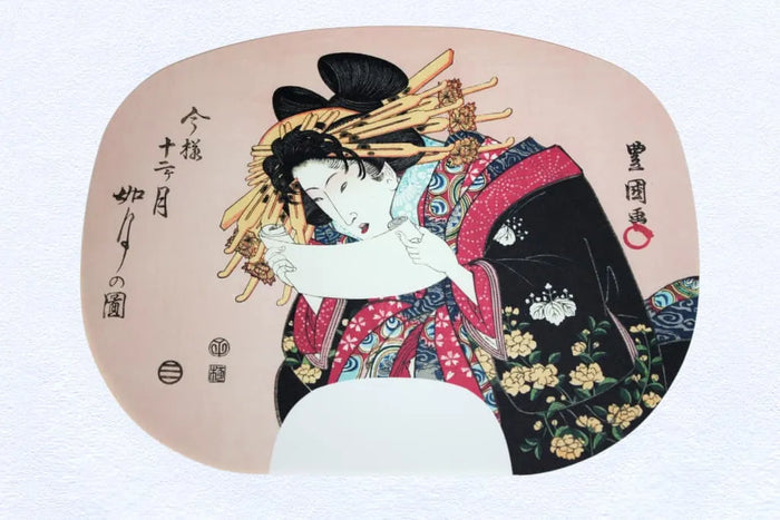 Peinture d'éventail dans l'estampe Ibasen, Utagawa Toyokuni I. Douze mois dans le style moderne n° 2 Kisaragi (deuxième mois du calendrier lunaire).