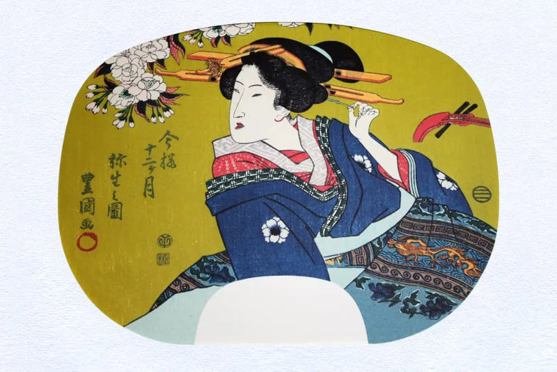 Version Ibasen d'une peinture d'éventail d'Utagawa Toyokuni I. Douze mois dans le style moderne n° 3 Période Yayoi (mars dans le calendrier lunaire).