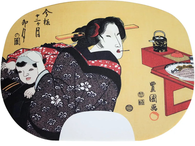 Fächerbilder im Ibasen-Druck von Utagawa Toyokuni I. Zwölf Monate im modernen Stil Nr. 4, Ugetsu (April im Mondkalender).