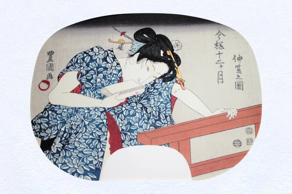 Peintures d'éventail imprimées en ibasen par Utagawa Toyokuni I. Douze mois dans le style moderne n° 5 Naka (mai dans le calendrier lunaire).