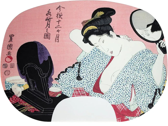 Fächerbilder mit Ibasen-Druck von Utagawa Toyokuni I. Zwölf Monate im modernen Stil Nr. 6, Mizunashi (Juni im Mondkalender).