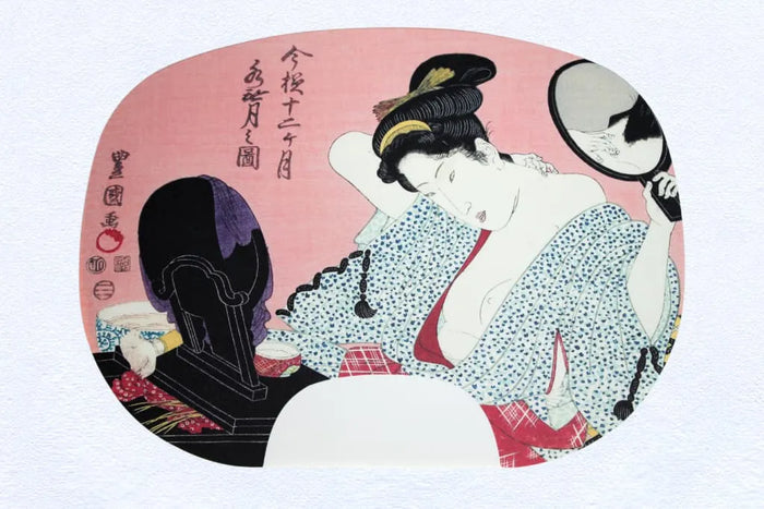 Fächerbilder mit Ibasen-Druck von Utagawa Toyokuni I. Zwölf Monate im modernen Stil Nr. 6, Mizunashi (Juni im Mondkalender).