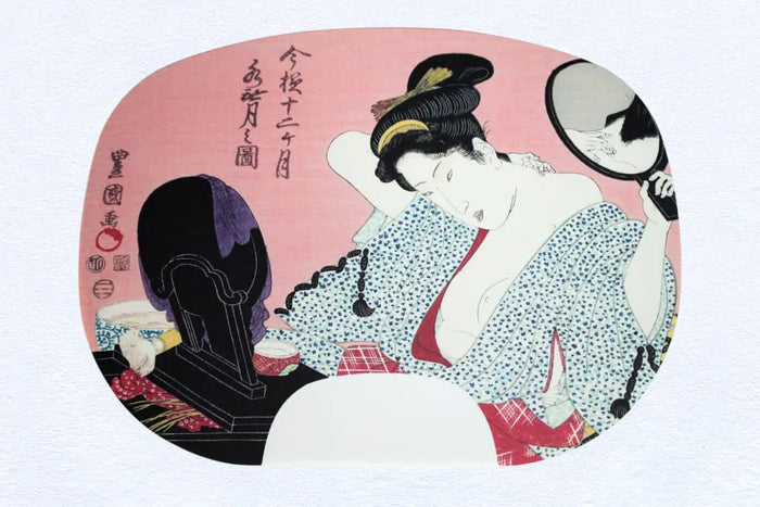 Peintures d'éventail imprimées en ibasen par Utagawa Toyokuni I. Douze mois dans le style moderne n° 6, Mizunashi (juin dans le calendrier lunaire).