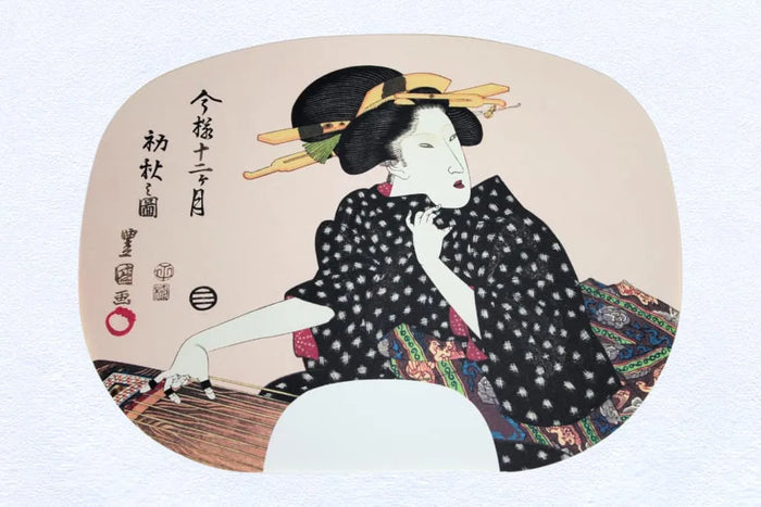 Version ibasen d'une peinture d'éventail d'Utagawa Toyokuni I. Douze mois en style moderne n° 7 Début de l'automne (septième mois du calendrier lunaire).