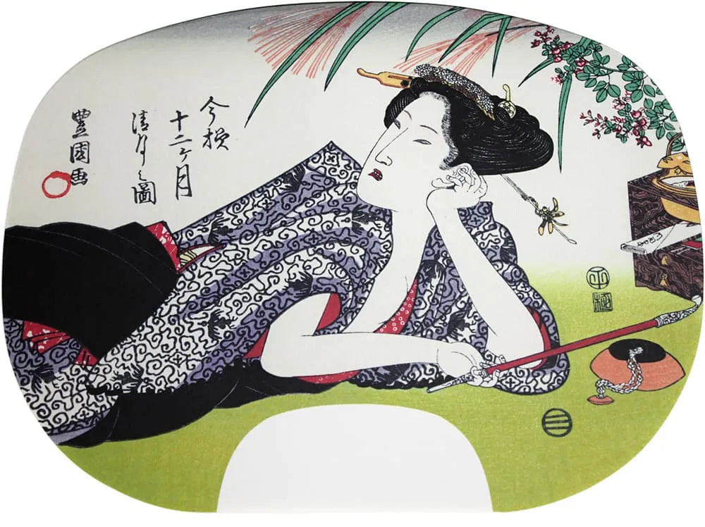 Ibasen-Version eines Fächerbildes von Utagawa Toyokuni I. Zwölf Monate im modernen Stil Nr. 8 Seigetsu (achter Monat des Mondkalenders).